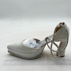 White Stain Platform Chunky Heel Pumps Ankle Strap Closed Toe D'Orsay Sandals